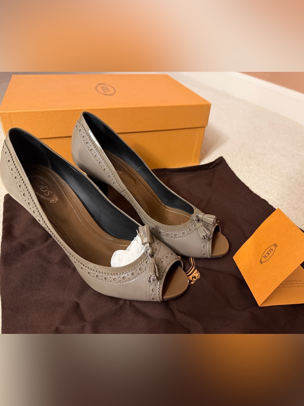 Tod's Taupe Open-Toe Wedge Pumps with Tassel Trim